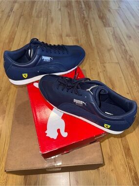 Puma Roma Men’s Navy Blue and White Sneakers with Ferrari Shield
